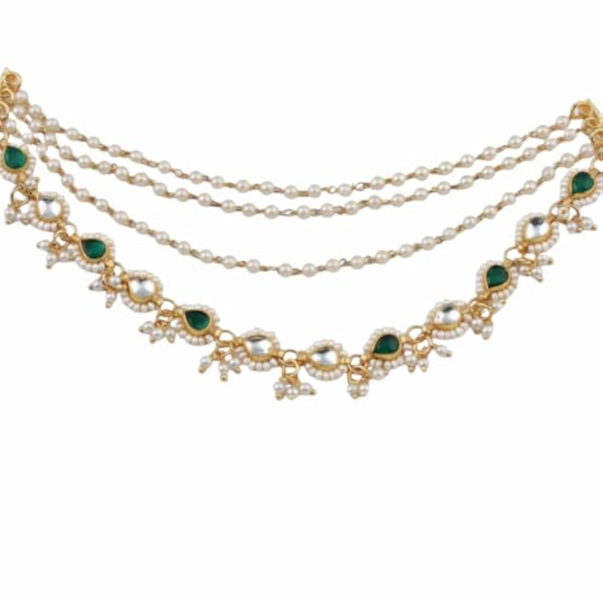 Gold Plated Pearl & Green Stone Kundan Ear Chain, Bridal